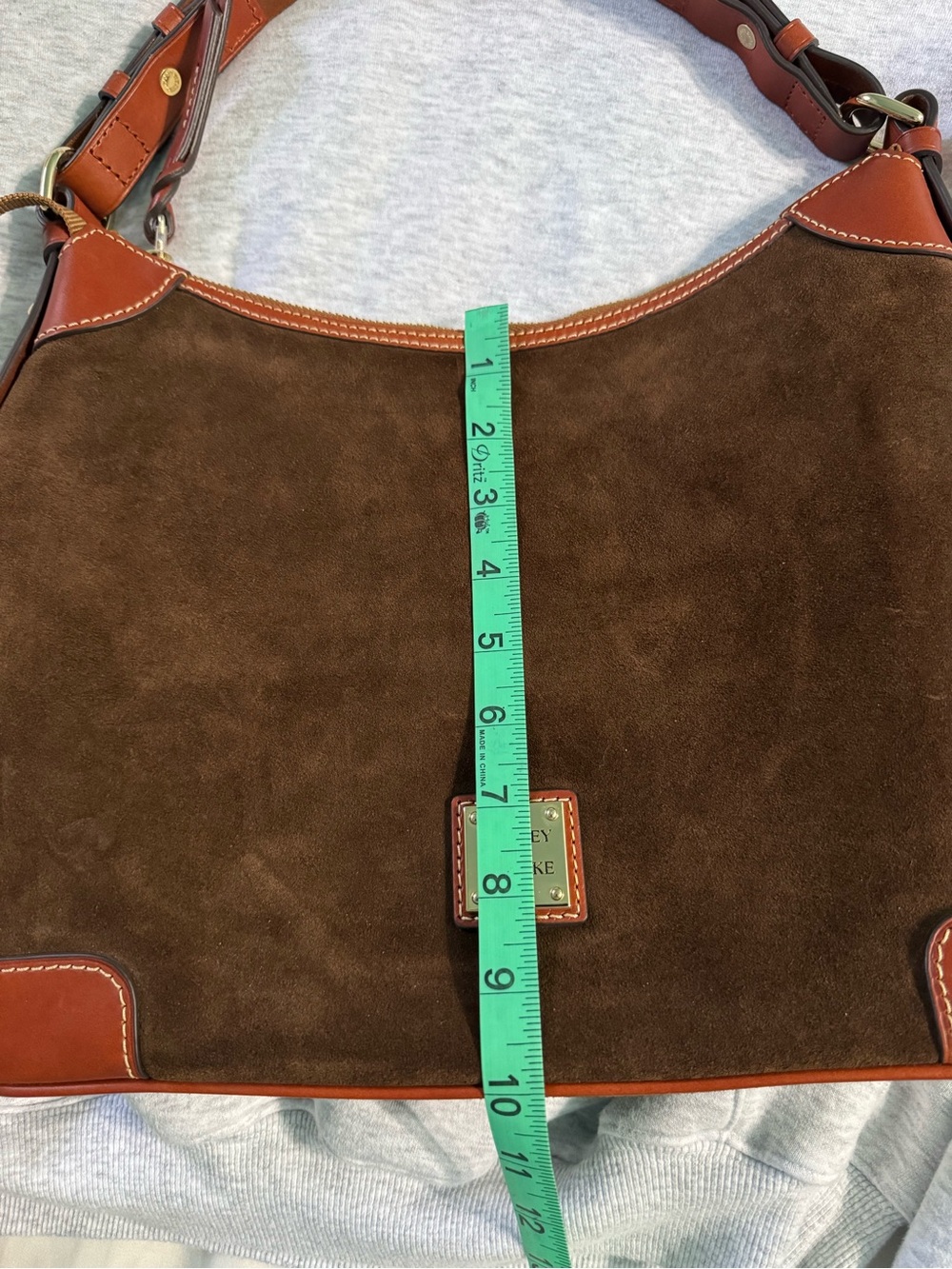 Dooney & Bourke Dark Brown Suede Shoulder Bag with Tan Leather Trim - Picture 9 of 10